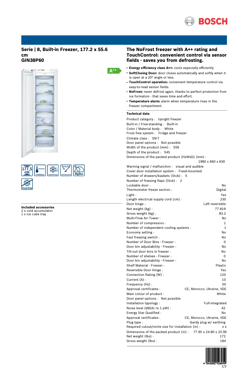 Page 1 de la notice Fiche technique Bosch GIN38P60