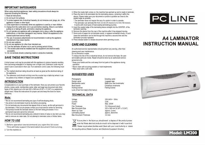 Page n°1 - Manuel utilisateur PC Line LM200