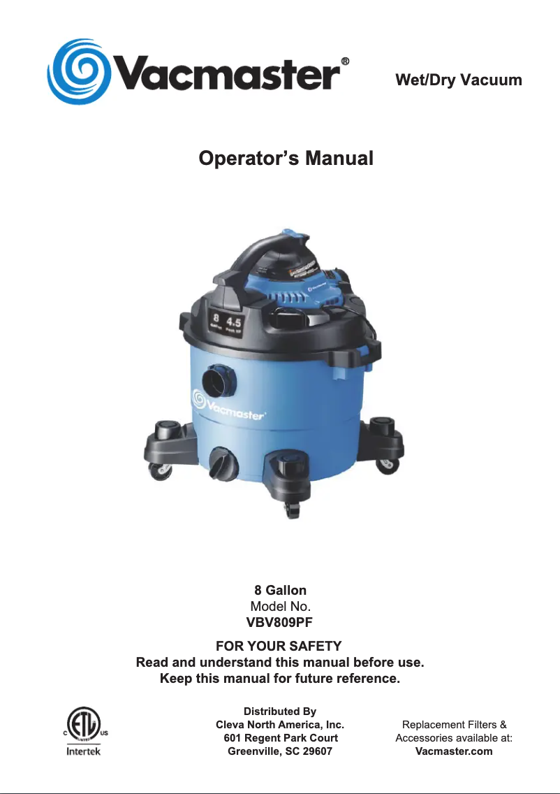 Page n°1 - Manuel utilisateur Vacmaster VBV809PF