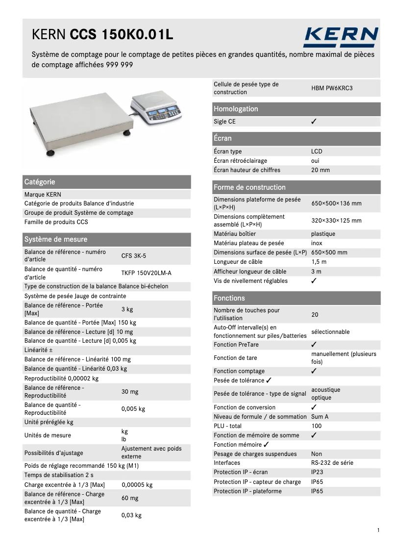 Page 1 de la notice Fiche technique Kern CCS 150K0.01L