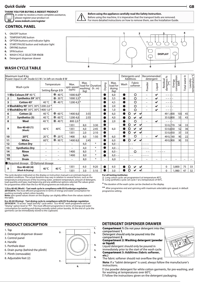 Page 1 de la notice Manuel utilisateur Indesit EWDE 861483 W UK