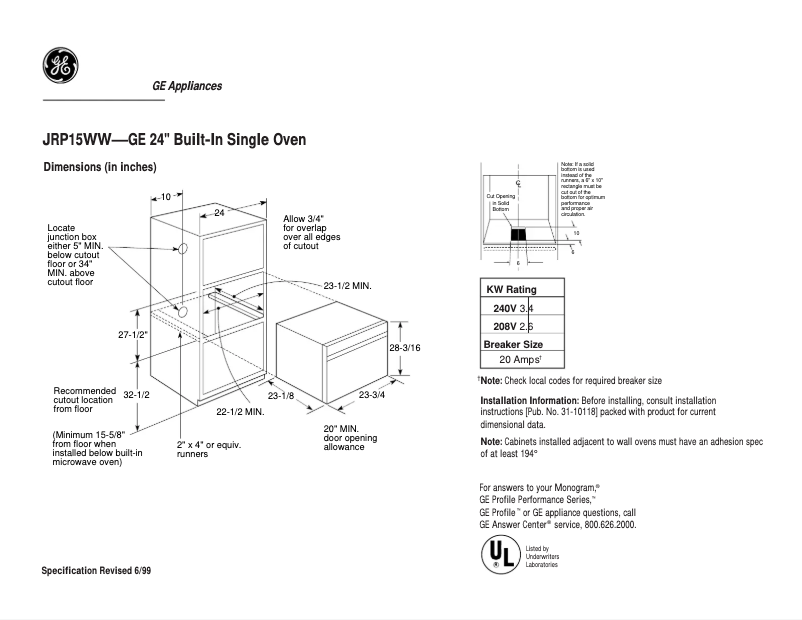 Page 1 de la notice Fiche technique GE JRP15WWWW
