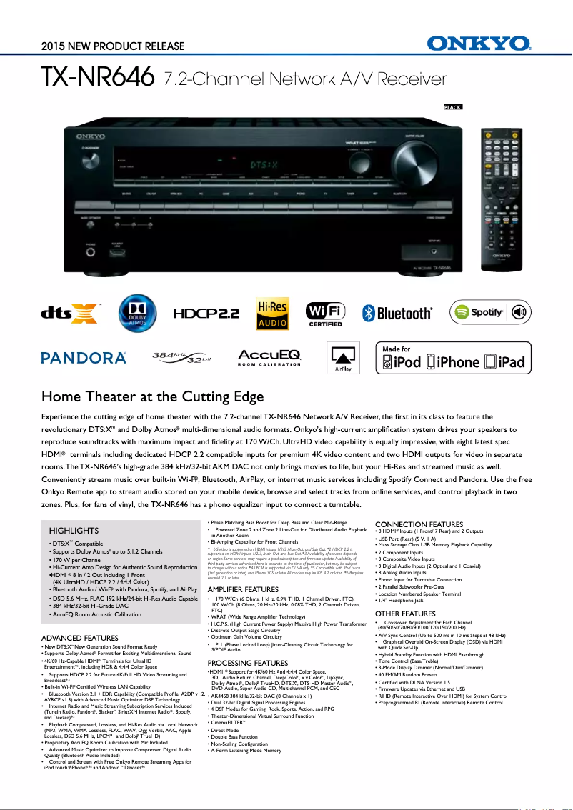 Page n°1 - Fiche technique Onkyo TX-NR646