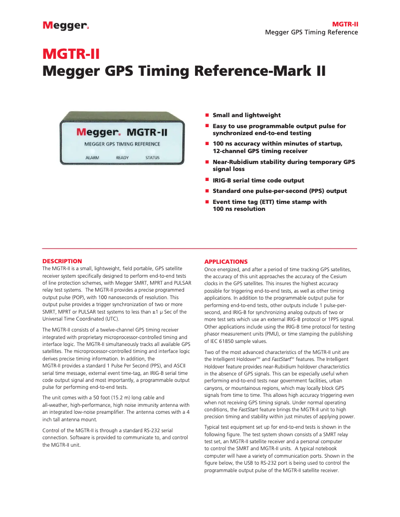 Page 1 de la notice Fiche technique Megger MGTR-II