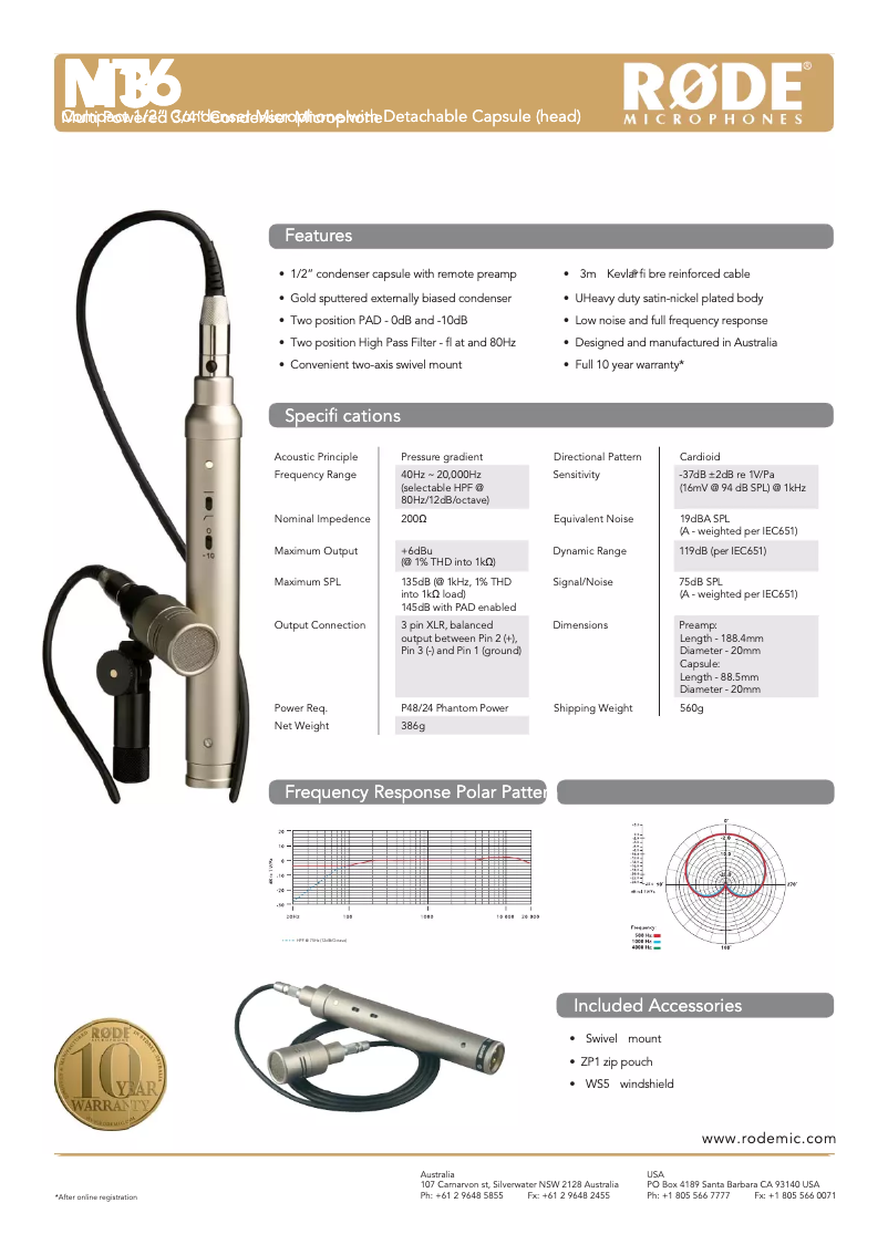 Page 1 de la notice Fiche technique Røde NT6