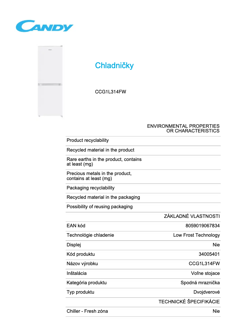 Page n°1 - Fiche technique Candy CCG1L314FW