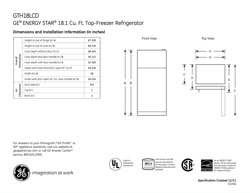 Page 1 of the manual Technical Sheet GE GTH18LCDBB