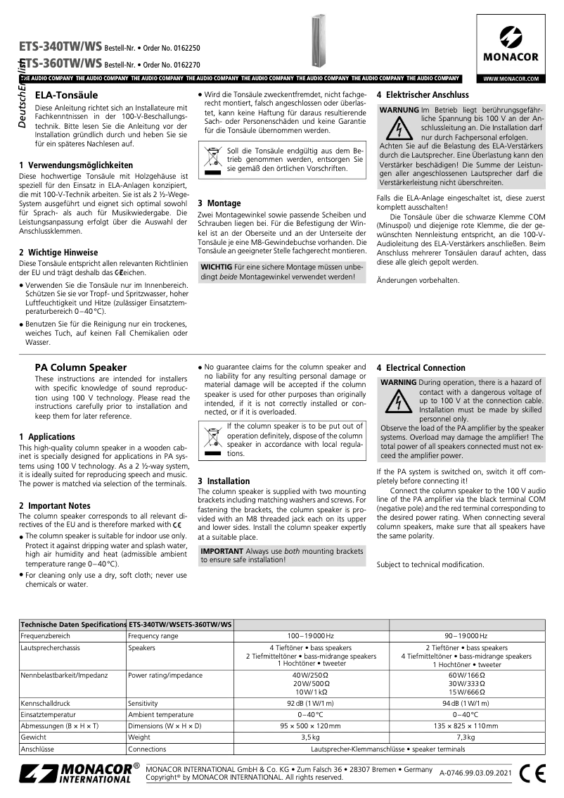 Page n°1 - Manuel utilisateur Monacor ETS-340TW/WS