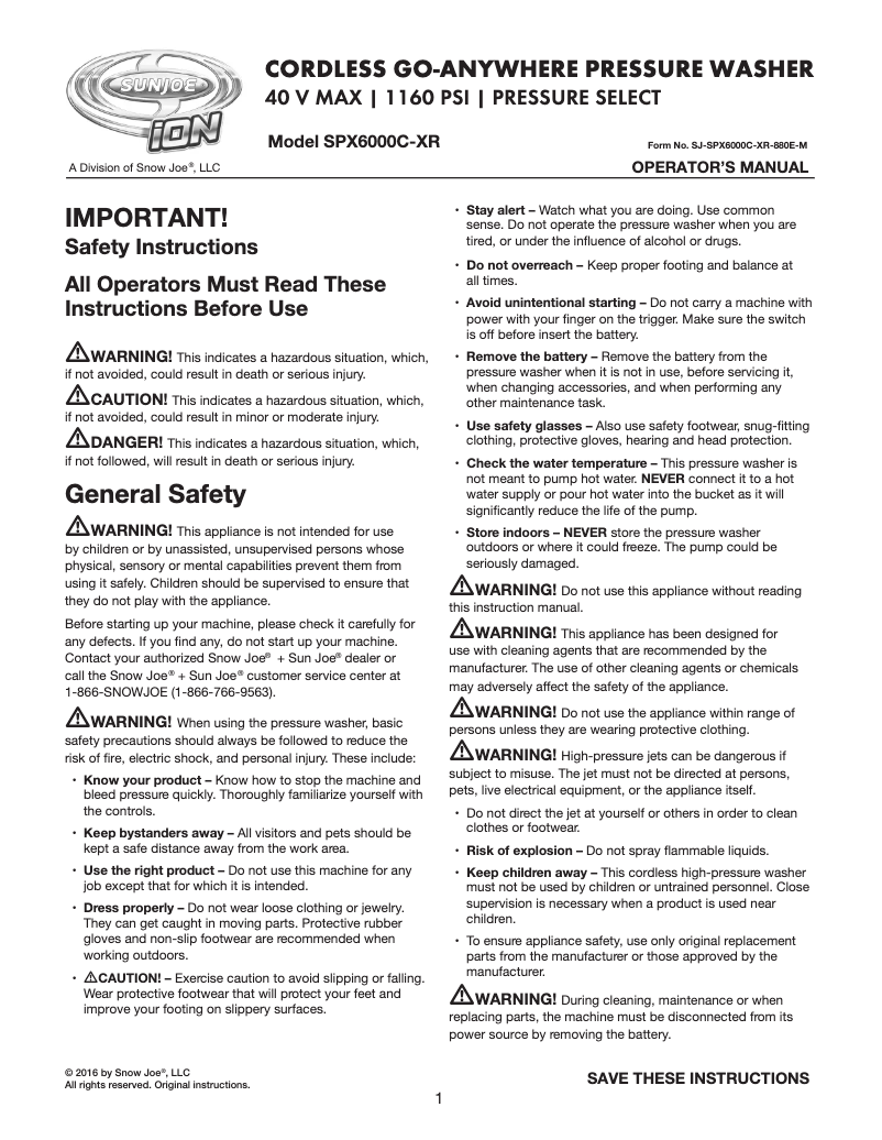 Page n°1 - Manuel utilisateur Sun Joe SPX6000C-XR