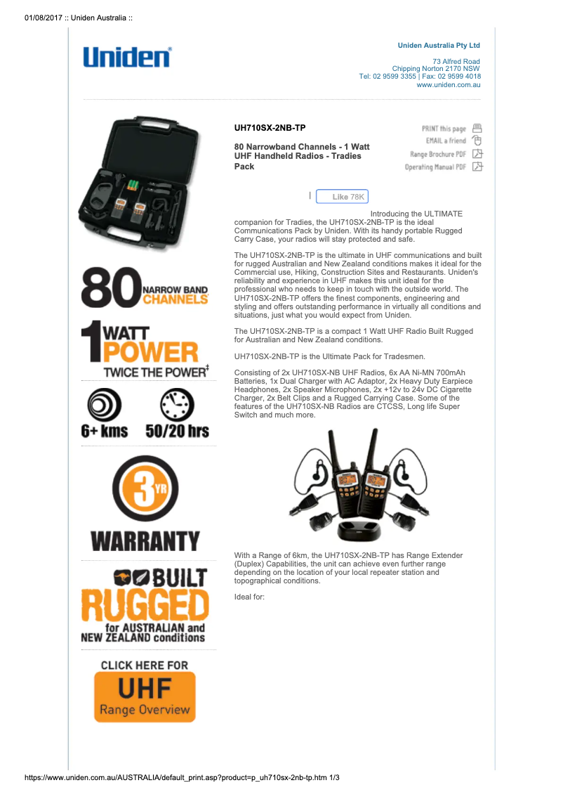 Page 1 de la notice Manuel utilisateur Uniden UH710SX-2NB-TP