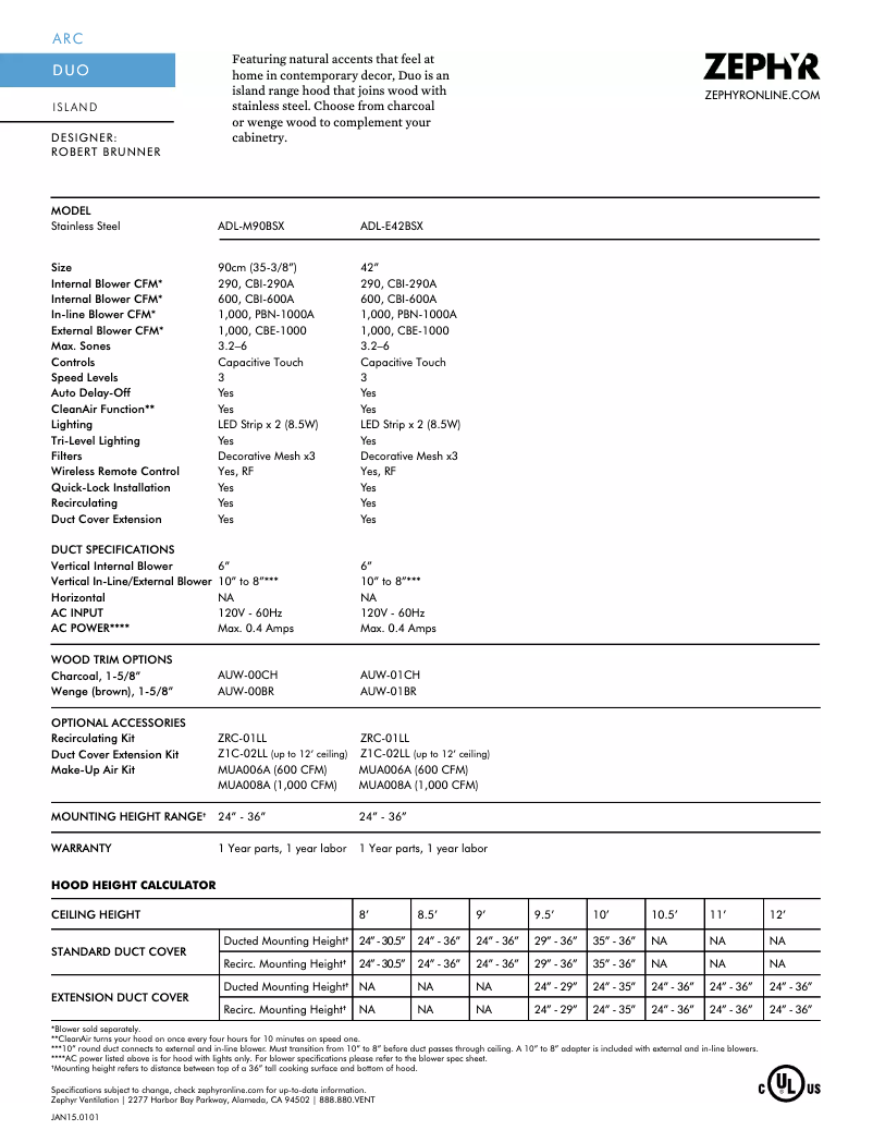 Page 1 de la notice Fiche technique Zephyr Duo Island ADL-E42BSX