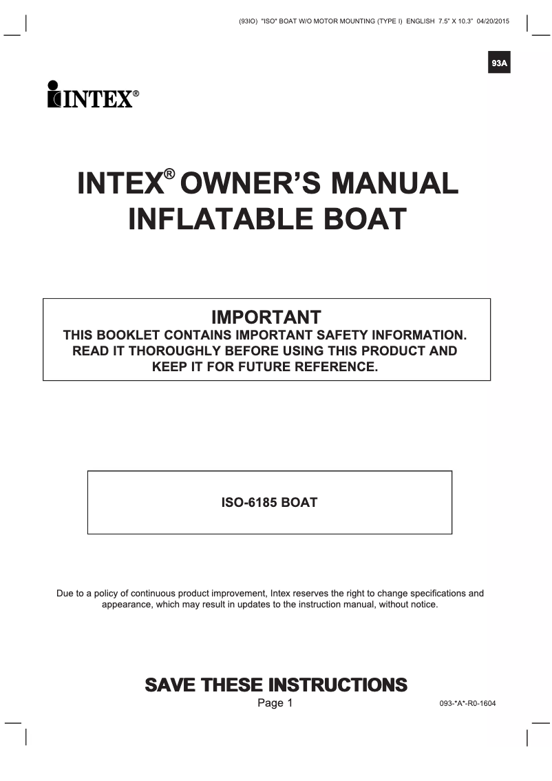 Page 1 de la notice Manuel utilisateur Intex 68365NP