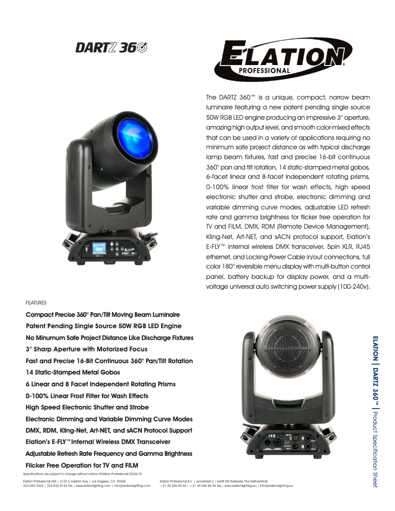 Page 1 de la notice Fiche technique Elation Dartz 360