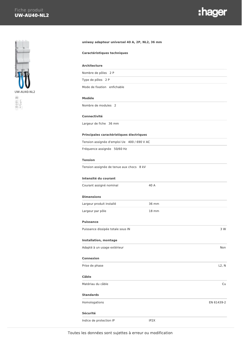 Page 1 de la notice Manuel utilisateur Hager UW-AU40-NL2