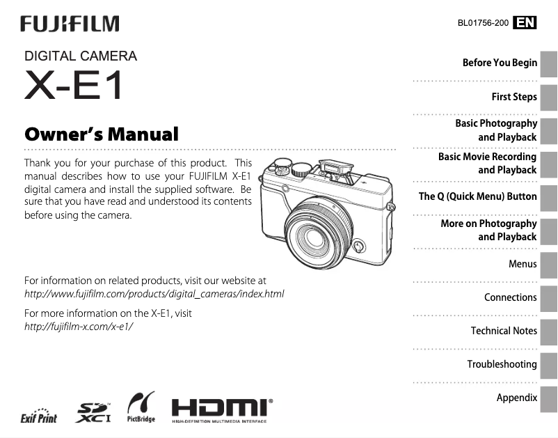 Page 1 de la notice Manuel utilisateur Fujifilm FinePix X-E1