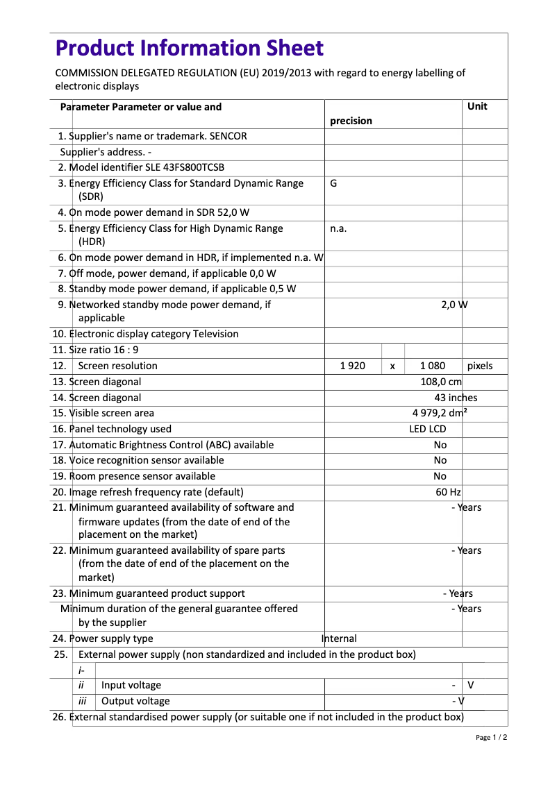 Image de la première page du manuel de l'appareil SLE 43FS800TCSB