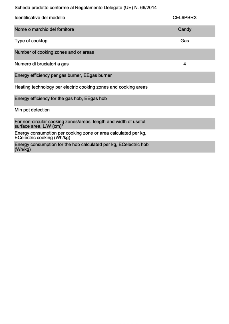 Page 1 de la notice Fiche technique Candy CEL6PBRX