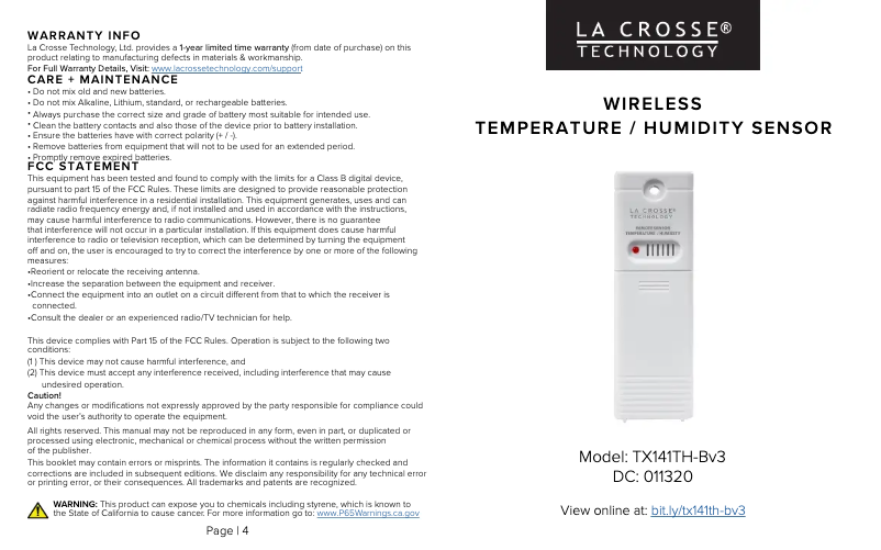 Page 1 de la notice Manuel utilisateur La Crosse Technology TX141TH-BV3
