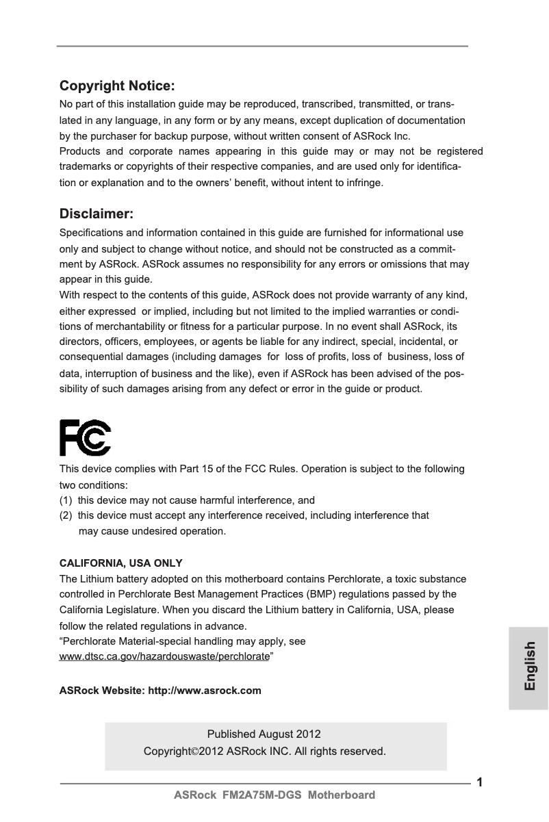 Page n°1 - Manuel utilisateur Asrock FM2A75M-DGS