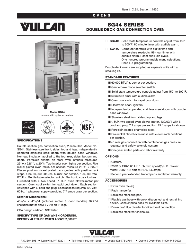 Page 1 de la notice Fiche technique Vulcan SG44