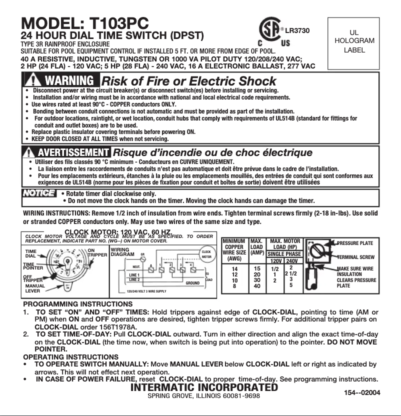 Page 1 de la notice Manuel utilisateur Intermatic T103PC