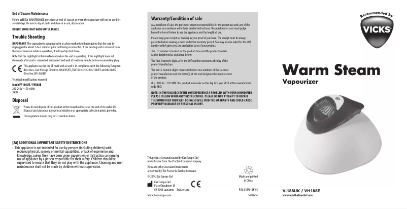 Page 1 de la notice Manuel utilisateur Vicks Warm Steam VH188E