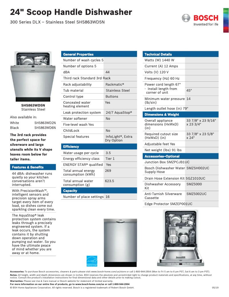 Page 1 de la notice Fiche technique Bosch SHS863WD5N