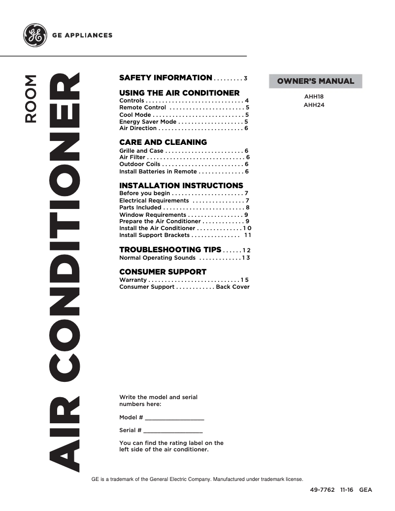 Page 1 de la notice Manuel d'utilisation et d'entretien GE AHH18DW