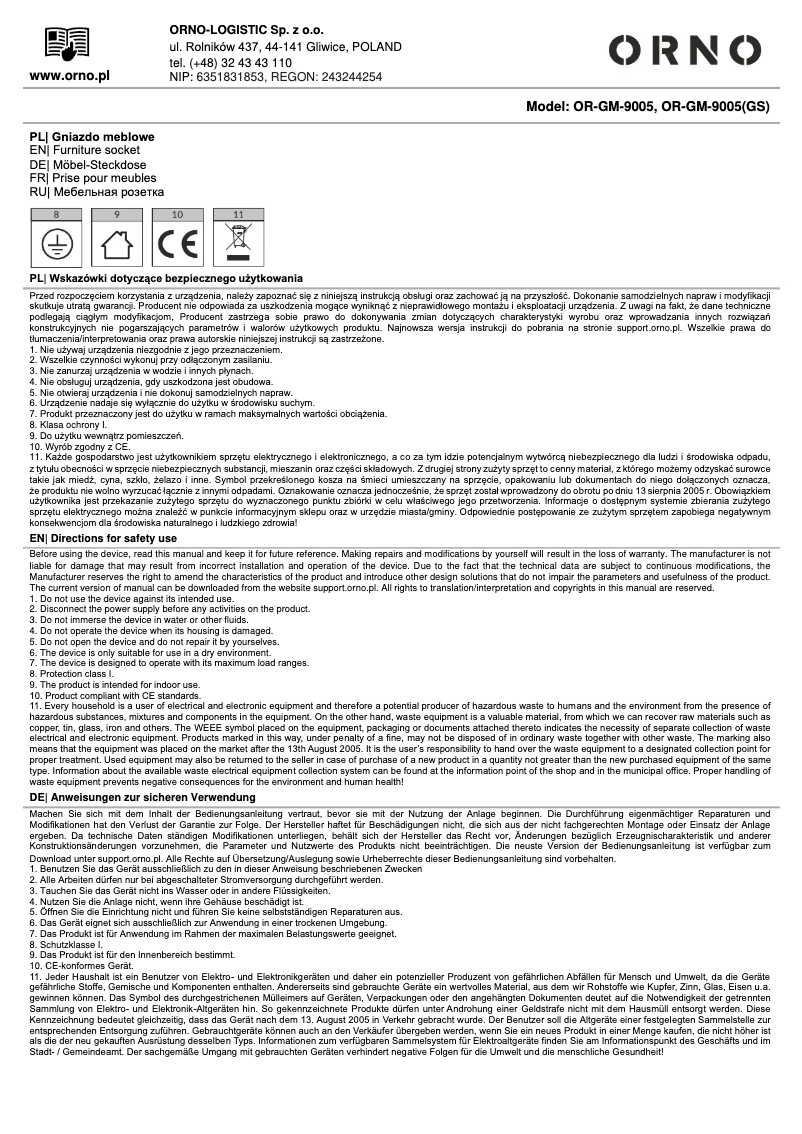 Page 1 de la notice Manuel utilisateur ORNO OR-GM-9005