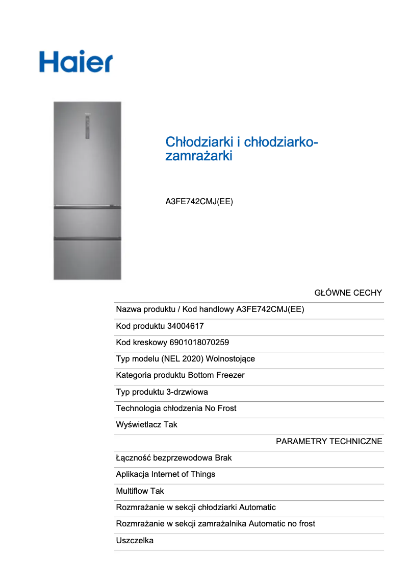 Page 1 de la notice Label énergétique Haier A3FE742CMJ