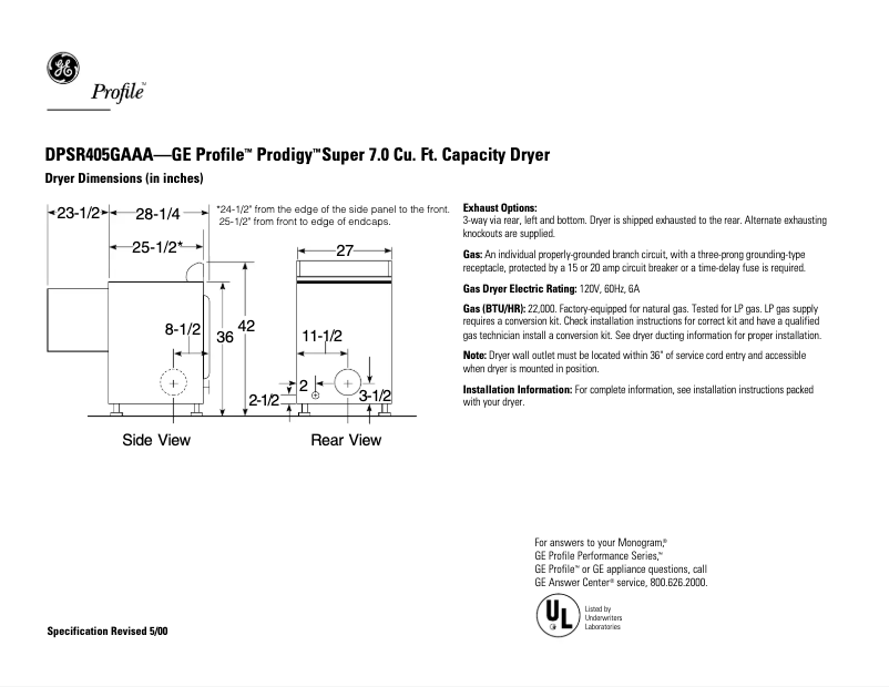 Page 1 de la notice Fiche technique GE Profile Prodigy DPSR405GAAA