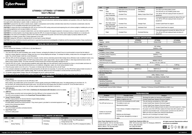 Page n°1 - Manuel utilisateur CyberPower UT1000GU