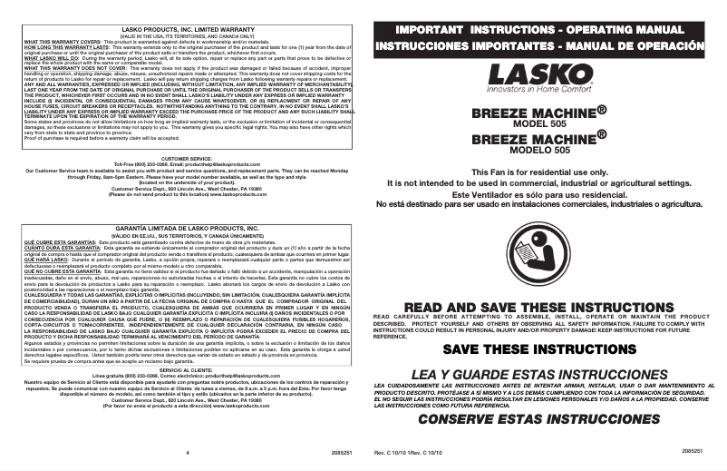 Imagen de la primera página del manual del dispositivo 505 fan