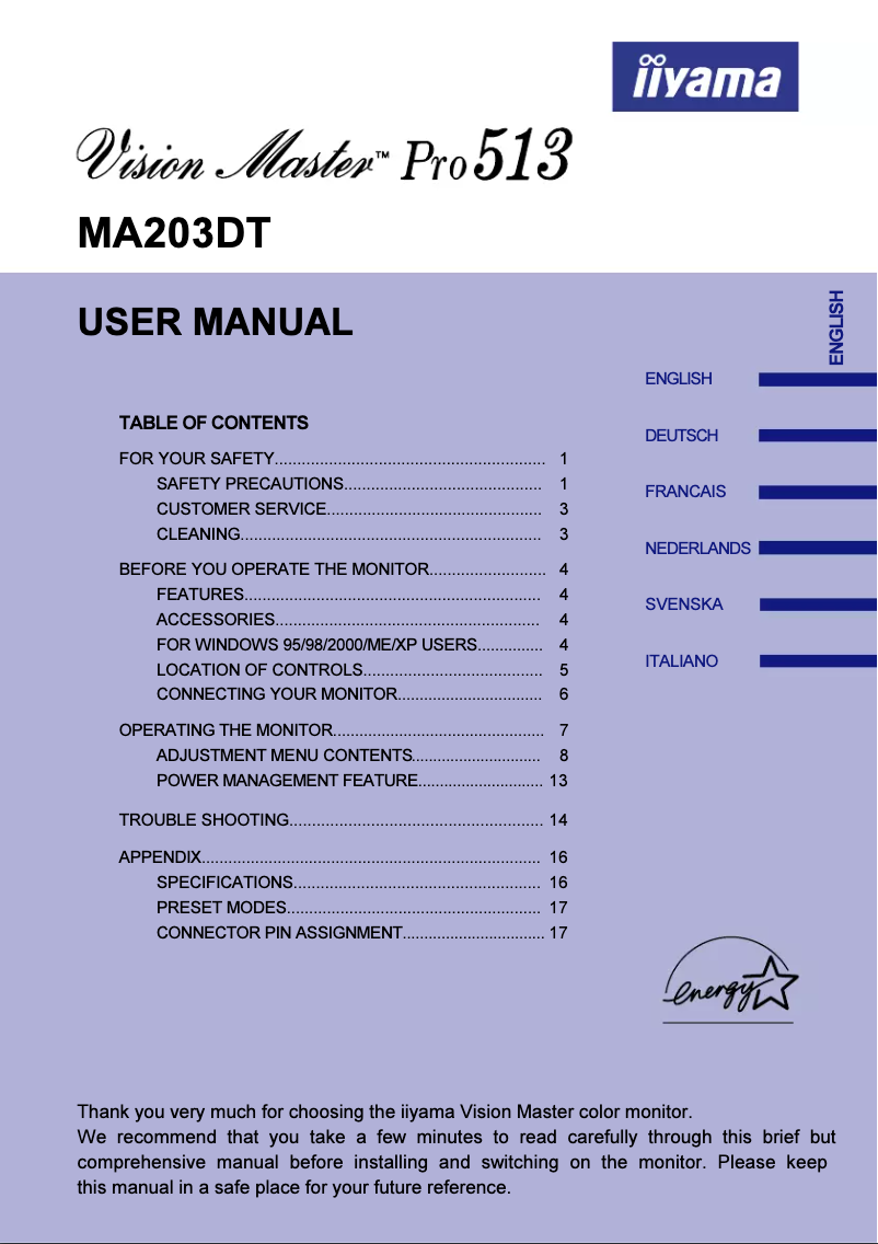 Página 1 del manual Manual de usuario Iiyama Vision Master Pro 513