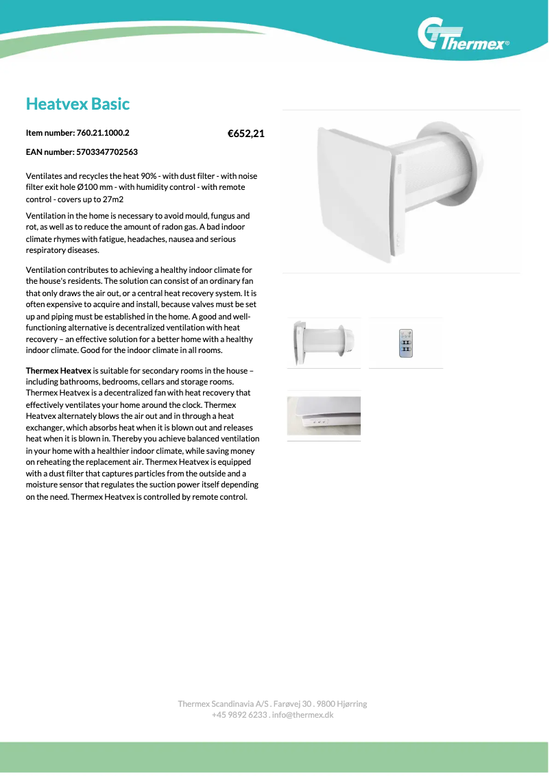 Page 1 de la notice Fiche technique Thermex HeatVex