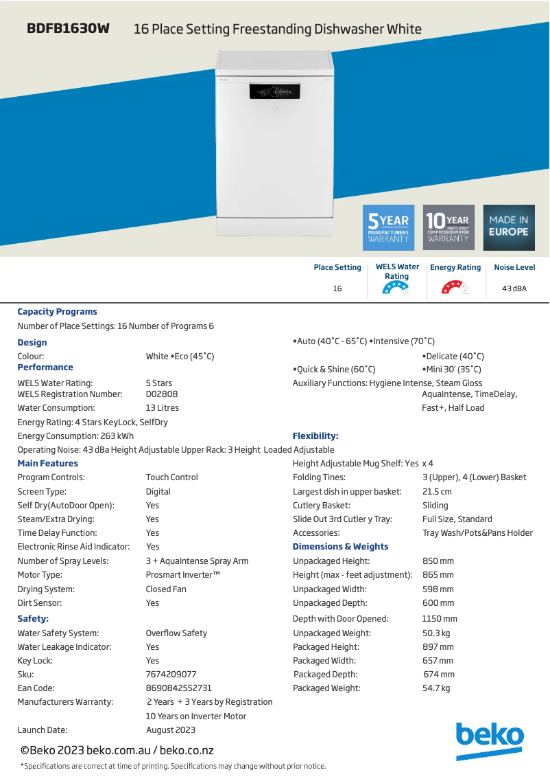 Page 1 de la notice Fiche technique Beko BDFB1630W