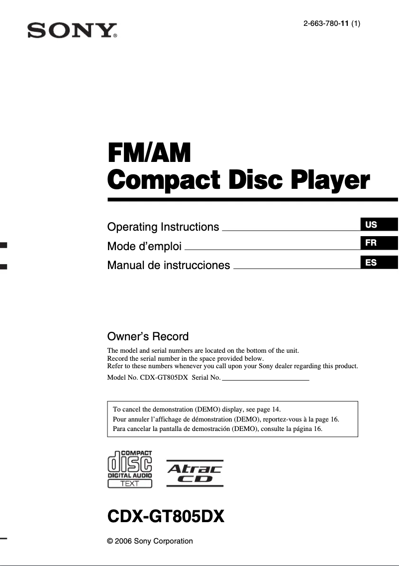 Page n°1 - Manuel utilisateur Sony CDX-GT805DX