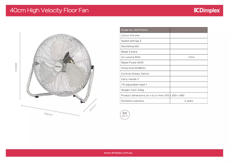 Page 1 de la notice Fiche technique Dimplex DCFF40HV