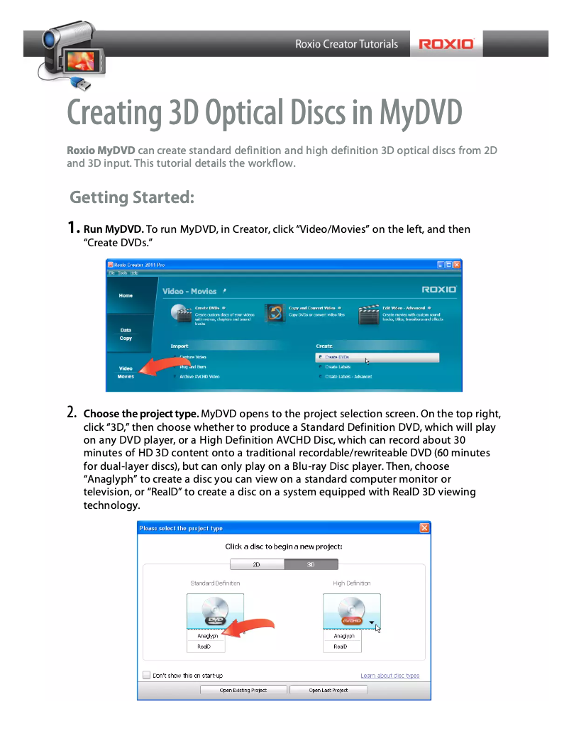 Image de la première page du manuel de l'appareil Creating 3D Optical Discs in MyDVD