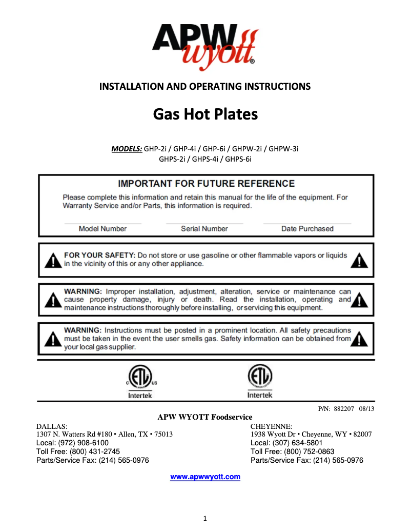 Page 1 de la notice Manuel utilisateur APW Wyott GHPS-2i