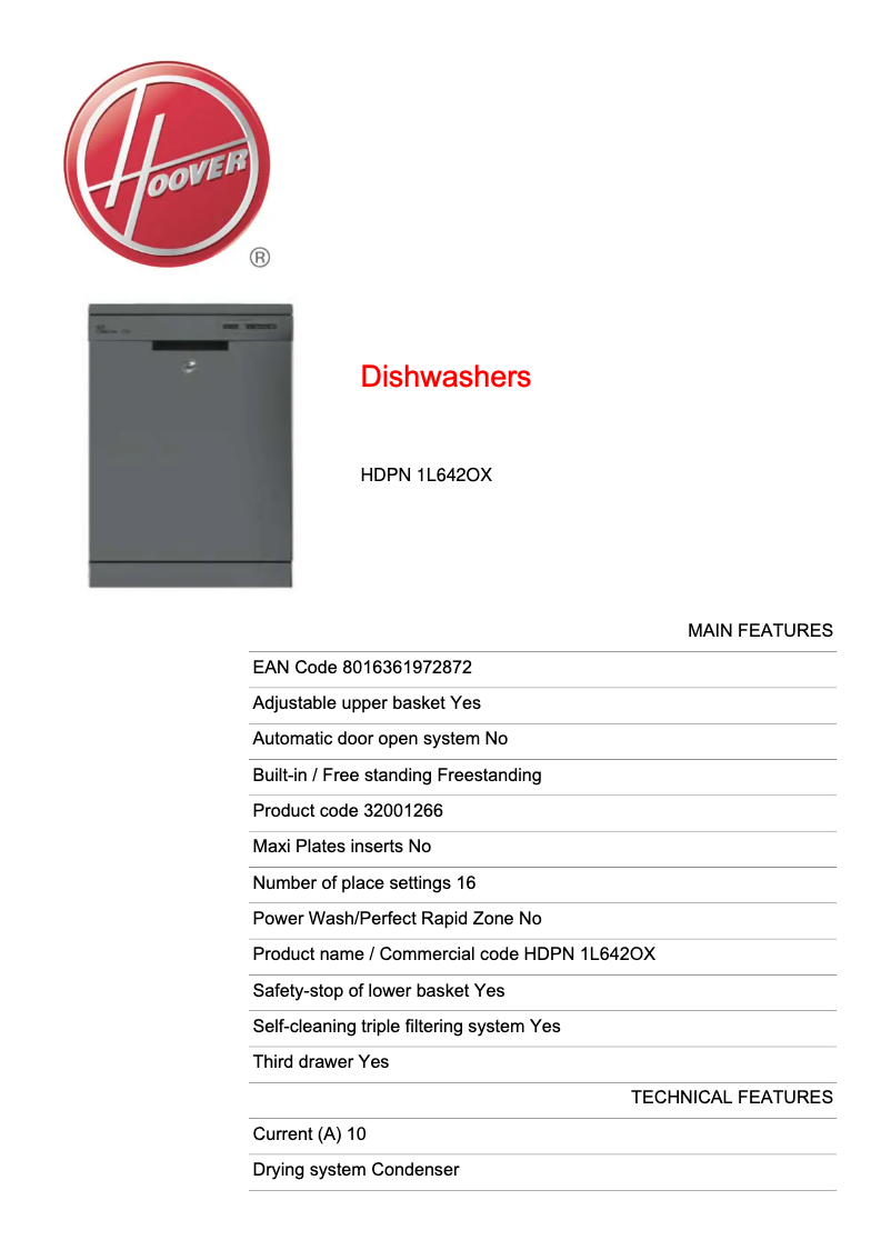 Page 1 de la notice Fiche technique Hoover HDPN 1L642OX-80
