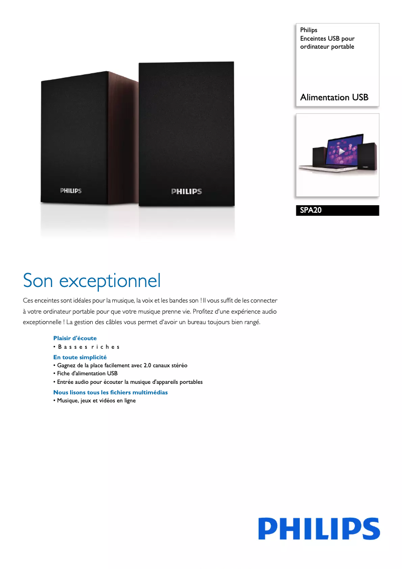 Page 1 de la notice Fiche technique Philips SPA20