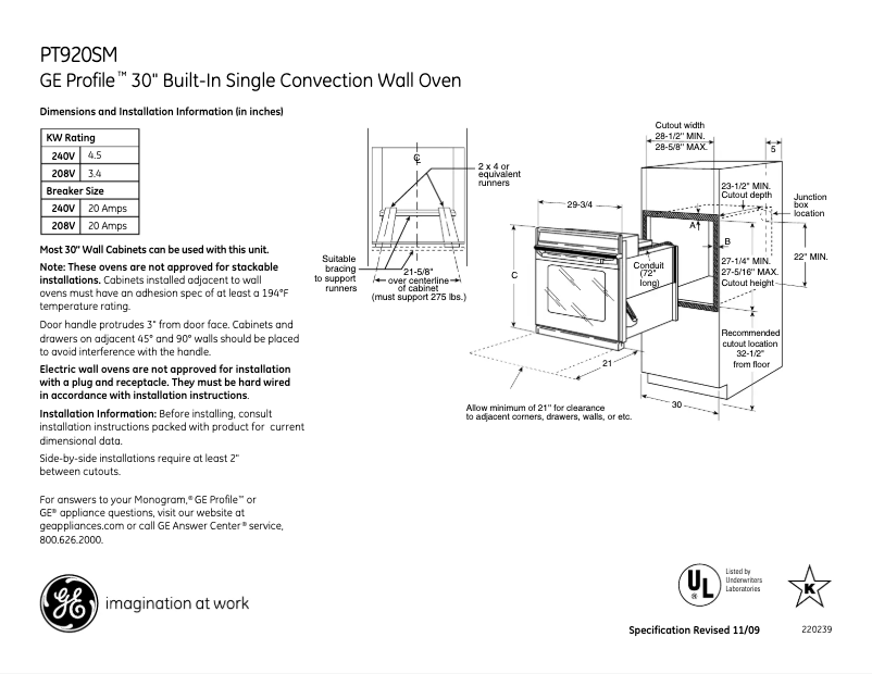 Page 1 de la notice Fiche technique GE Profile PT920SMSS