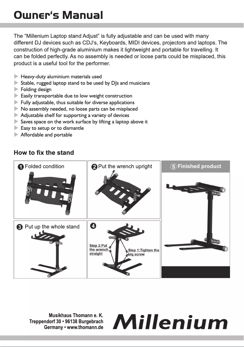 Page n°1 - Manuel utilisateur Millenium Laptopstand Adjust