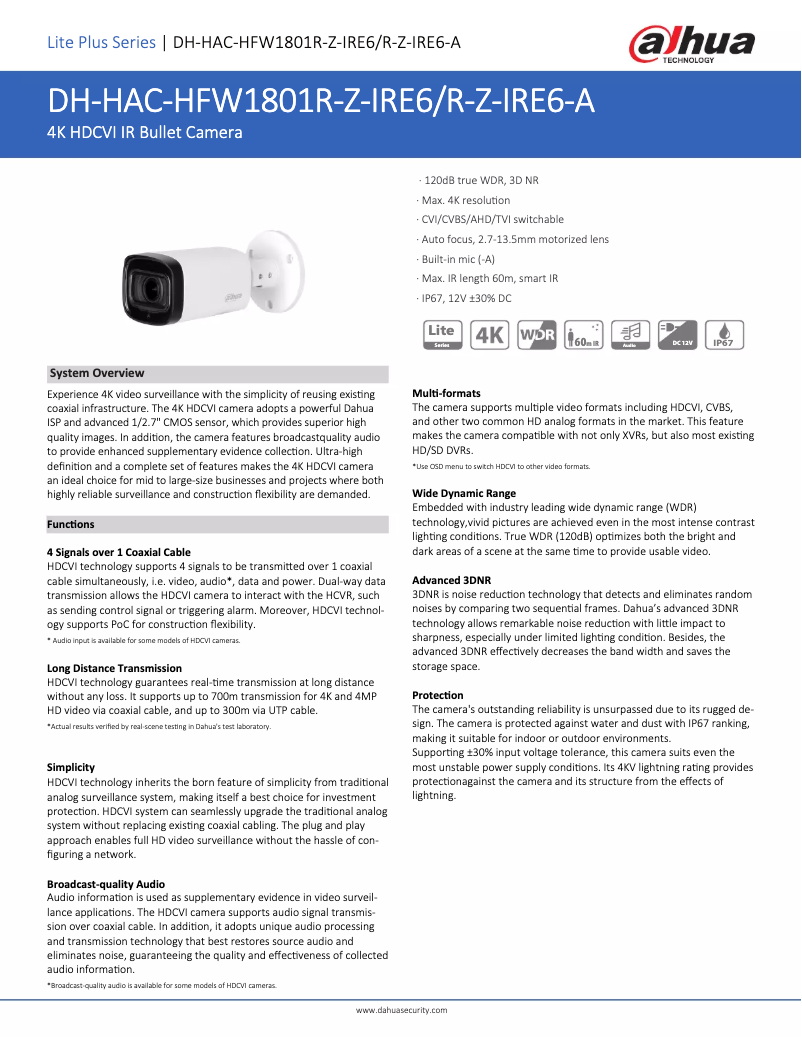 Page n°1 - Fiche technique Dahua Technology HAC-HFW1801R-Z-IRE6-A