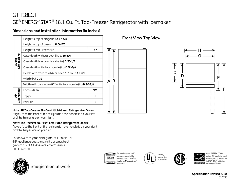 Page 1 de la notice Fiche technique GE GTH18ECTBB