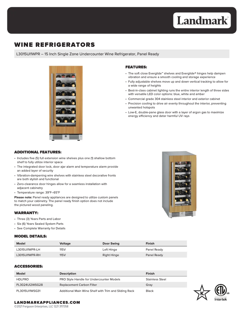 Page 1 de la notice Fiche technique Landmark L3015UI1WPR-RH