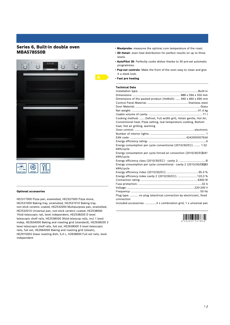 Página 1 del manual Ficha técnica Bosch Serie 6 MBA5785S0B