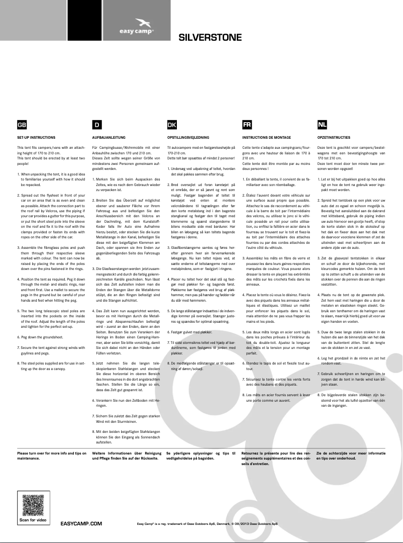 Page 1 de la notice Manuel utilisateur Easy Camp Motor Tour Silverstone