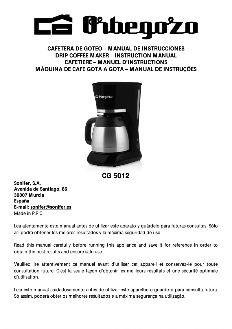 Page 1 de la notice Manuel utilisateur Orbegozo CG 5012